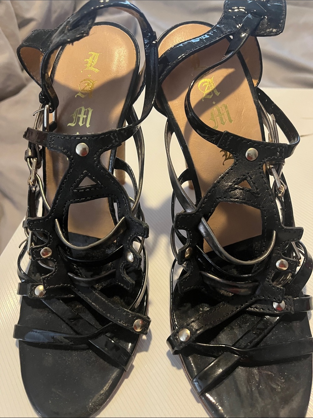 L.A.M.B. Black Patent Strappy Heels with Silver Ring Details
